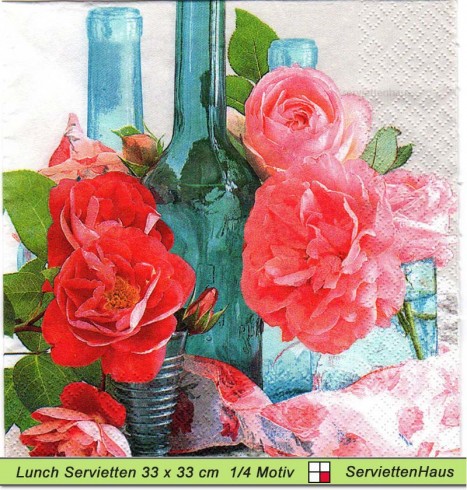Blaue Flaschen und Rosen - 1 Lunch Serviette