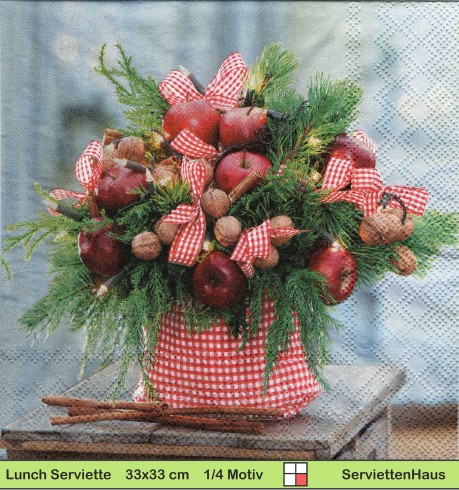 Nüsse und Äpfel mit Tannenzweigen als Strauß - 1 Lunch Serviette