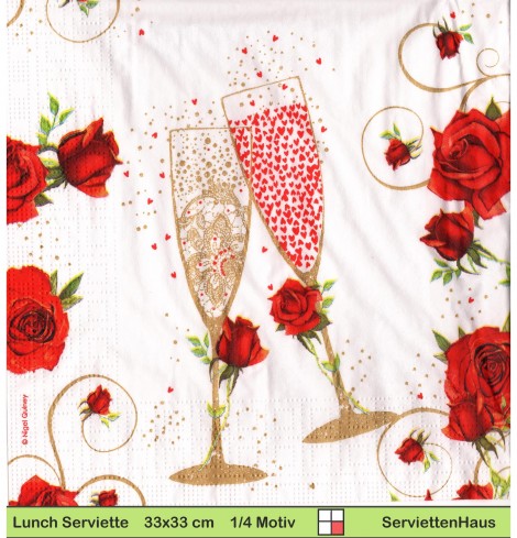 Sektgläser mit Rosen und Herzen - 1 Lunch Serviette