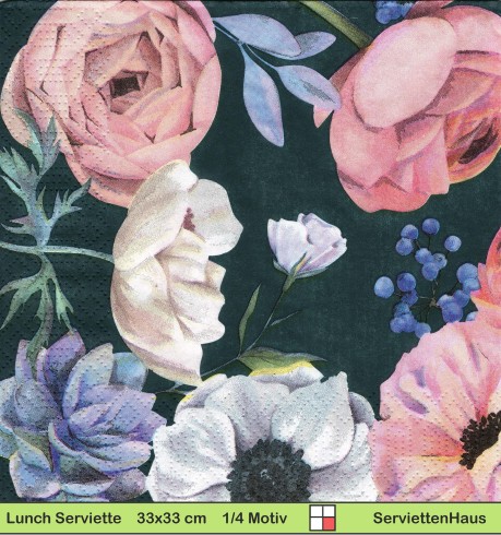 Rosen Beeren und Anemonen - 1 Lunch Serviette - Halbes Motiv