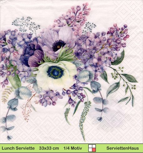 Anemonen und Flieder - 1 Lunch Serviette - Halbes Motiv