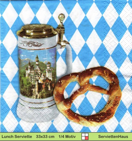 Deutschland - Bayern - Schloß Neuschwanstein mit Bierkrug und Bretzel - 1 Lunch Serviette