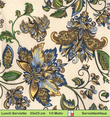 Gezeichnete Blumen in blau auf gelb - 1 Lunch Serviette