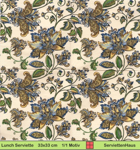 Gezeichnete Blumen in blau auf gelb - 1 Lunch Serviette