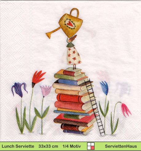 Kleine Elfe steht auf Bücher und gießt Blumen - 1 Lunch Serviette