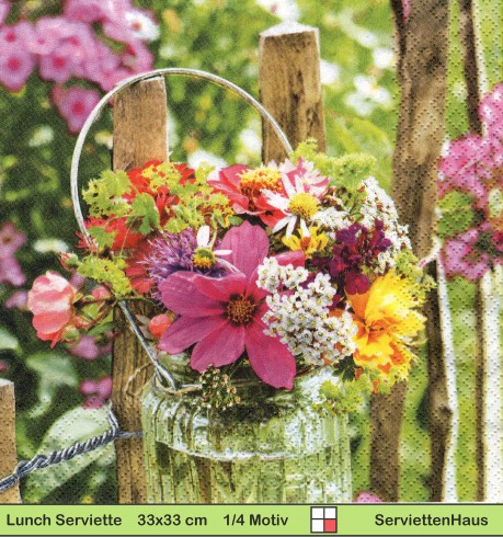 Blumenvase am Gartenzaun mit frischen Blumen - 1 Lunch Serviette