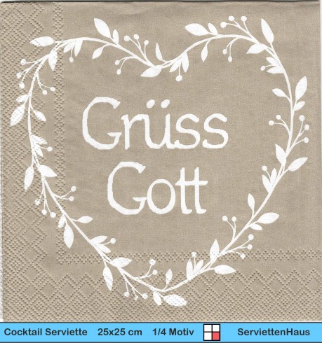 Grüß Gott auf beige ins Herz geschrieben - 1 Cocktail Serviette