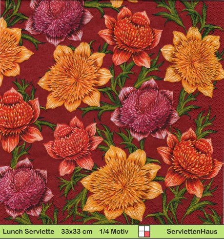 Dahlien in gelb orange lila auf rot - 1 Lunch Serviette - ganzes Motiv