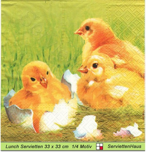 Drei Küken im Gras mit Eierschalen - 1 Lunch Serviette