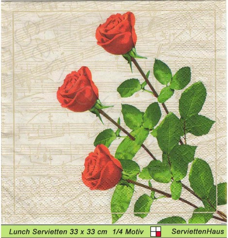 Drei rote Rosen auf Noten - 1 Lunch Serviette