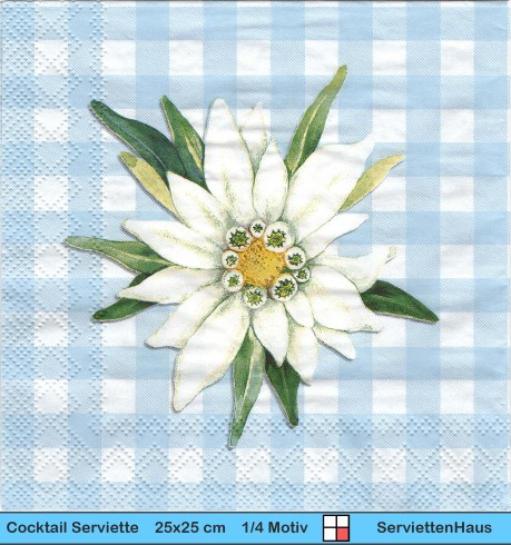 Edelweiß auf blauweiss karriertem Grund - 1 Cocktail Serviette