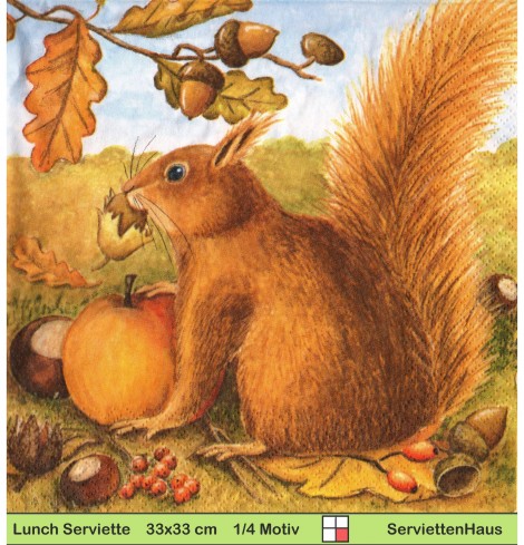 Rarität Eichhörnchen im Herbst mit Haselnuss - 1 Lunch Serviette - halbes Motiv