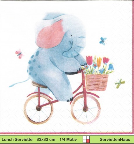 Kleiner blauer Elefant auf dem Fahrrad mit Blumen - 1 Lunch Serviette
