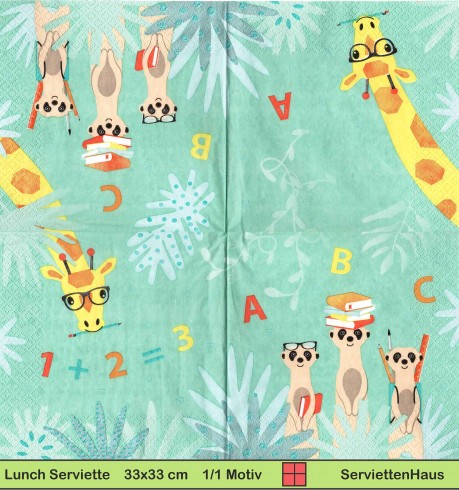 Giraffe und Erdmännchen mit Bücher und ABC - 1 Lunch Serviette - halbes Motiv