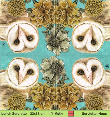 Eule zwischen Blumen auf blau - 1 Lunch Serviette