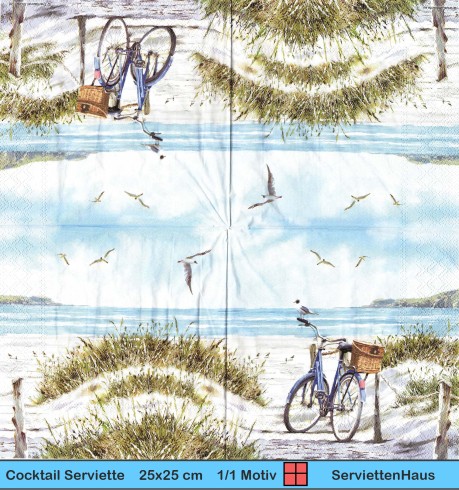Fahrrad am Strand mit Möwen und Zaun - 1 Cocktail Serviette - halbes Motiv