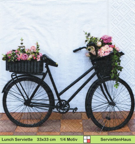 Fahrrad mit Blumenkorb an einer Hauswand - 1 Lunch Serviette
