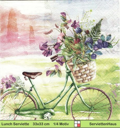 Fahrrad mit großem Blumenkorb vor der Stadt - 1 Lunch Serviette