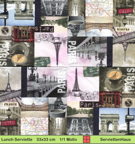 Frankreich - Kleine Bilder aus Paris mit Eiffelturm und Triumpfbogen - 1 Lunch Serviette