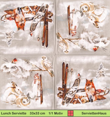 Fuchs Hase und Eule im Schnee mit Ski - 1 Lunch Serviette - halbes Motiv