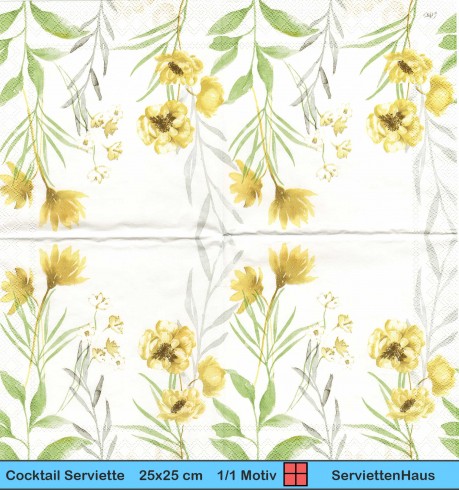 Gelbe Blumen mit Blätter - 1 Cocktail Serviette