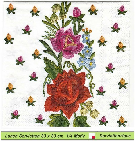 Gestickte Blumen - 1 Lunch Serviette - Zwei verschiedene 1/4 Motive