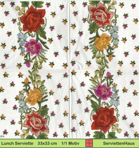 Gestickte Blumen - 1 Lunch Serviette - Zwei verschiedene 1/4 Motive