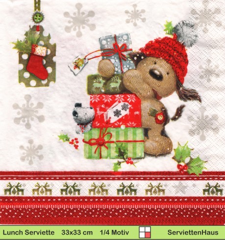 Kleiner gestrickter Teddy mit Geschenken - 1 Lunch Serviette