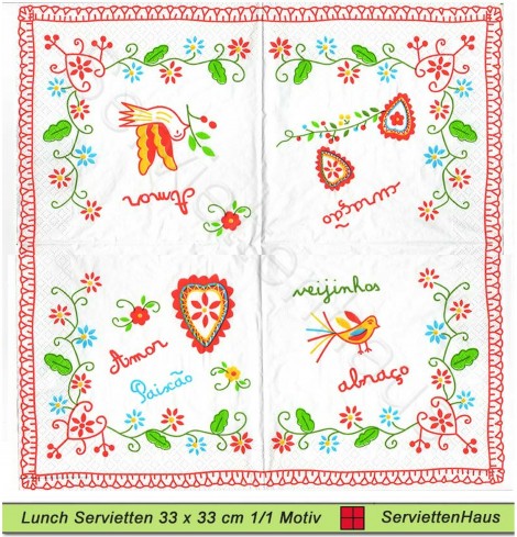 Gezeichnete Herzen und Vögel - 1 Lunch Serviette
