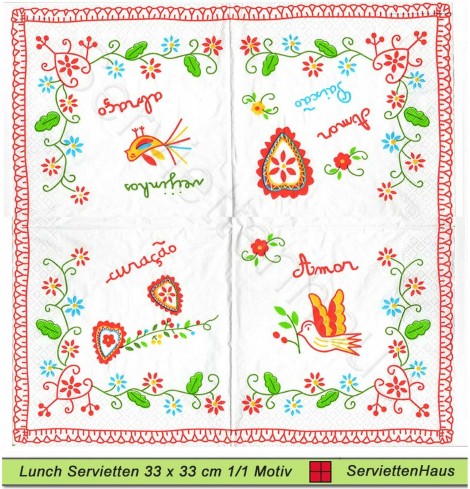 Gezeichnete Herzen und Vögel - 1 Lunch Serviette