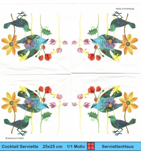 Zwei gezeichenete Vögel zwischen Blumen - 1 Cocktail Serviette