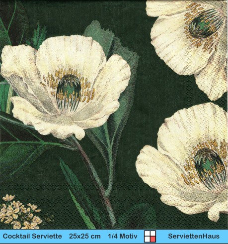 Weißer Mohn auf dunklem grün - 1 Cocktail Serviette - ganzes Motiv