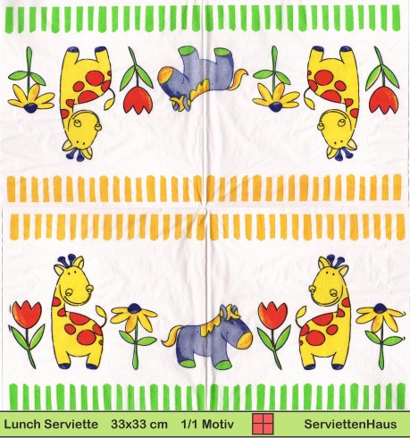 Giraffe und Esel zwischen Blumen - 1 Lunch Serviette - halbes Motiv