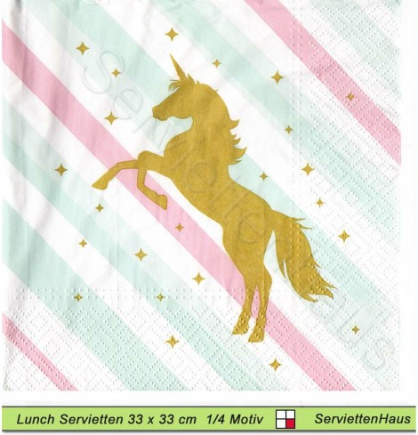 Goldenes Einhorn auf Streifen - 1 Lunch Serviette