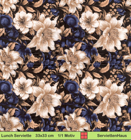Blumen in beige auf blau - 1 Lunch Serviette