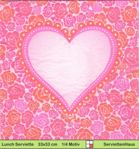 Herz in rosa mit Rosen umrahmt - 1 Lunch Serviette