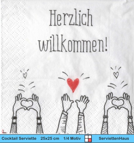 Herzlich Willkommen mit Händen und Herz - 1 Cocktail Serviette