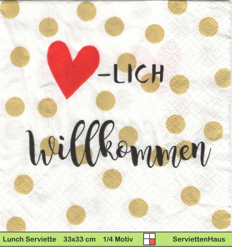 Herzlich Willkommen mit Herz und goldenen Punkten - 1 Lunch Serviette