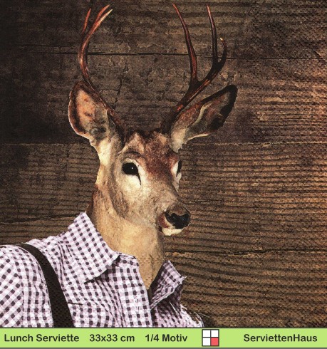 Hirsch im braun karriertem Hemd vor Holzwand - 1 Lunch Serviette