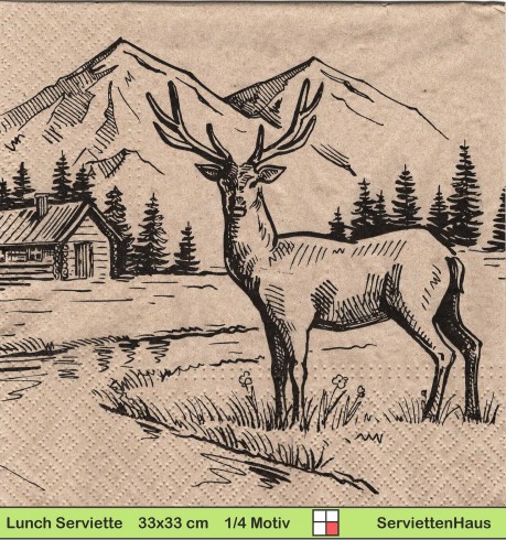 Hirsch in den Alpen vor kleiner Hütte auf Naturpapier -1 Lunch Serviette