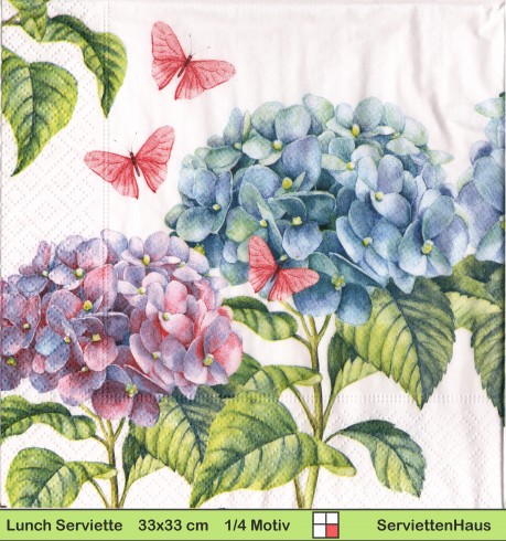 Hortensien in rosa und blau mit rosa Schmetterlingen - 1 Lunch Serviette
