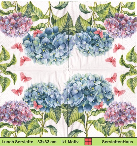 Hortensien in rosa und blau mit rosa Schmetterlingen - 1 Lunch Serviette