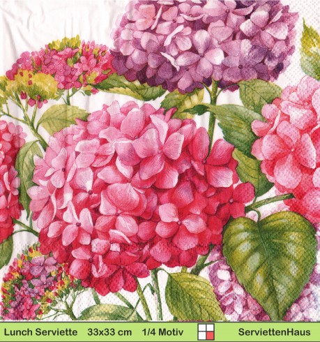 Große Hortensienblüten in lila und rosa - 1 Lunch Serviette - halbes Motiv