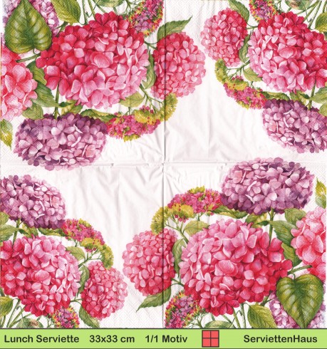 Große Hortensienblüten in lila und rosa - 1 Lunch Serviette - halbes Motiv