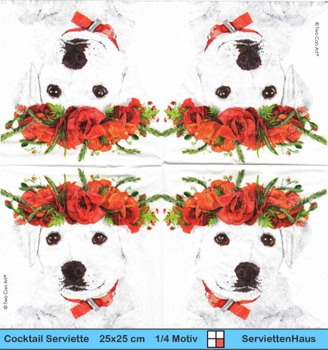 Hund weißer Retriever mit Mohnblumenkranz - 1 Cocktail Serviette