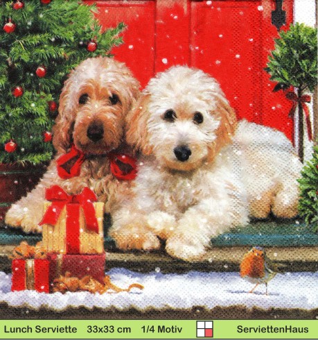 Hunde auf der Treppe mit Weihnachtsgeschenken - 1 Lunch Serviette