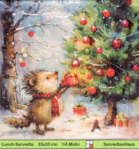 Igel mit Geschenk im Wald am Tannenbaum - 1 Lunch Serviette
