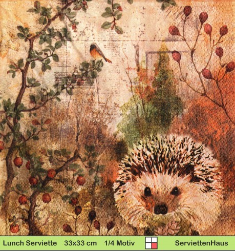 Igel und Vogel im herbstlichen Garten - 1 Lunch Serviette