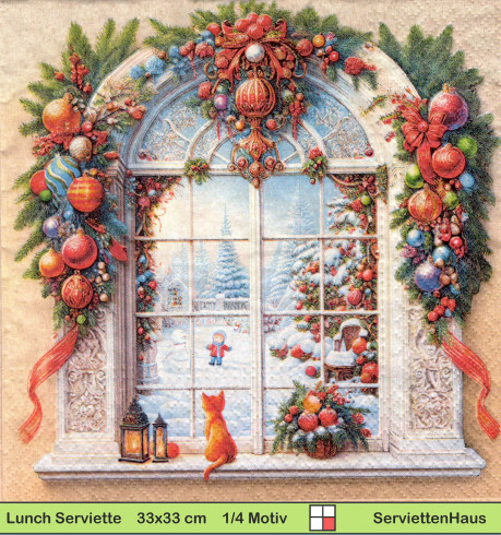 Weihnachtsfenster mit Katze - 1 Lunch Serviette