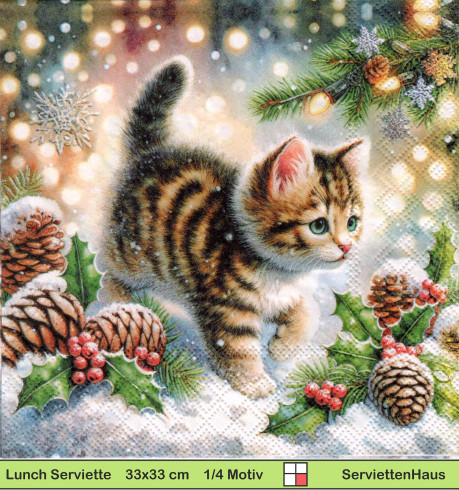 Katze im Schnee zwischen Tannenzweigen - 1 Lunch Serviette